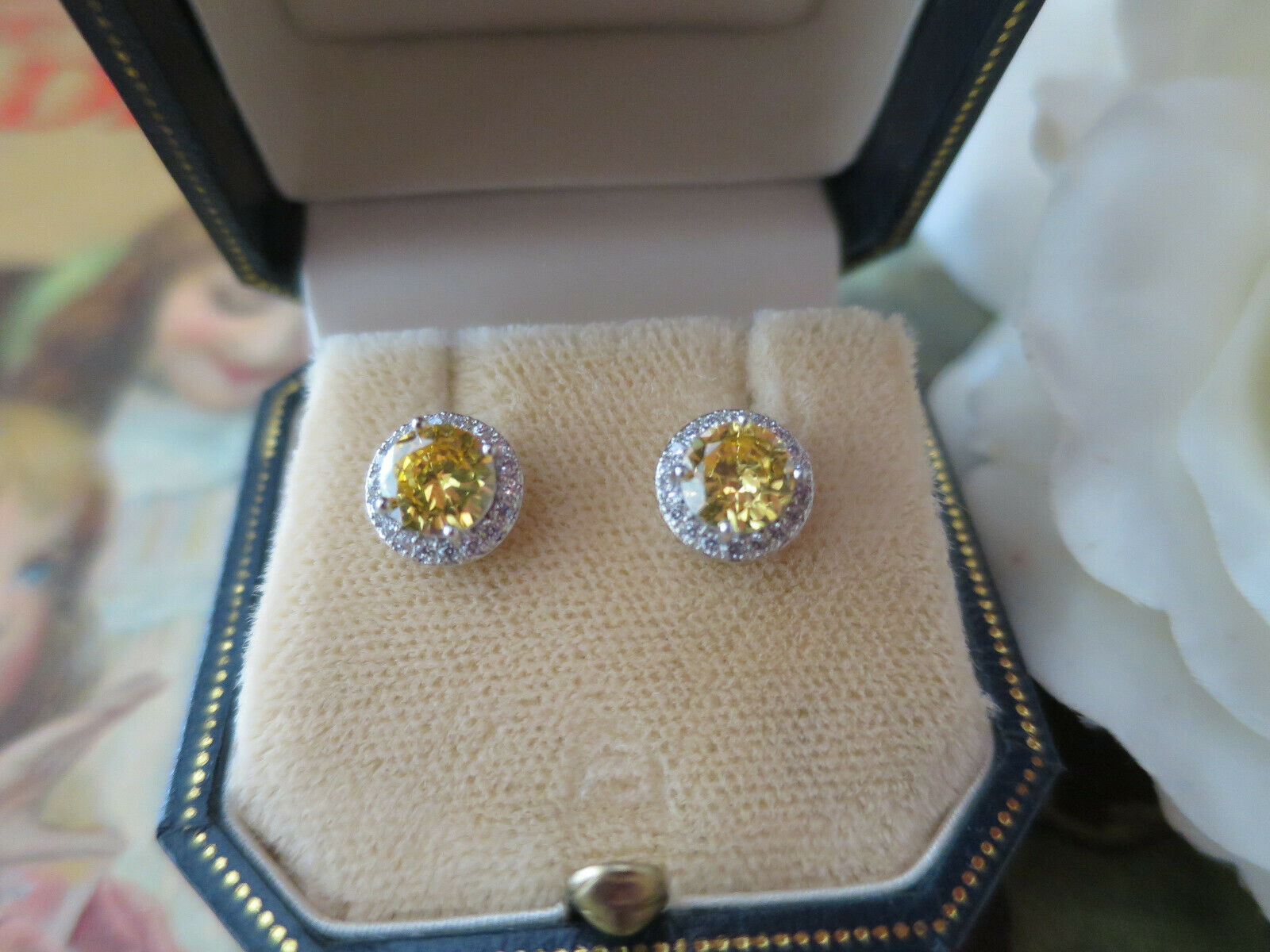 Vintage Art Deco design Jewellery Gold Citrine & White Sapphire stud Earrings